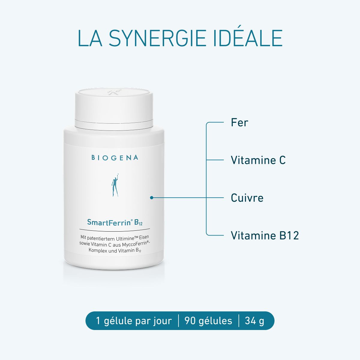 Biogena, SmartFerrin® B12, Bouteille, blanc, Avec du fer Ultimine™ breveté ainsi que de la vitamine C du complexe MyccoFerrin® et de la vitamine B12