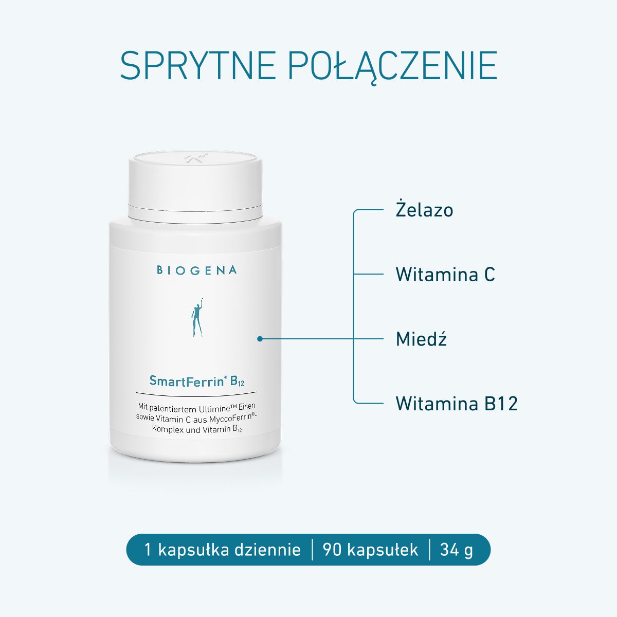 Biogena, SmartFerrin® B12, Butelka, biały, Z opatentowanym żelazem Ultimine™ oraz witaminą C z kompleksu MyccoFerrin® i witaminą B12