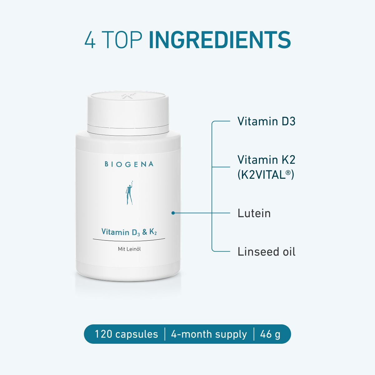 Biogena, Vitamin D₃ & K₂, Bottle, white, With flaxseed oil