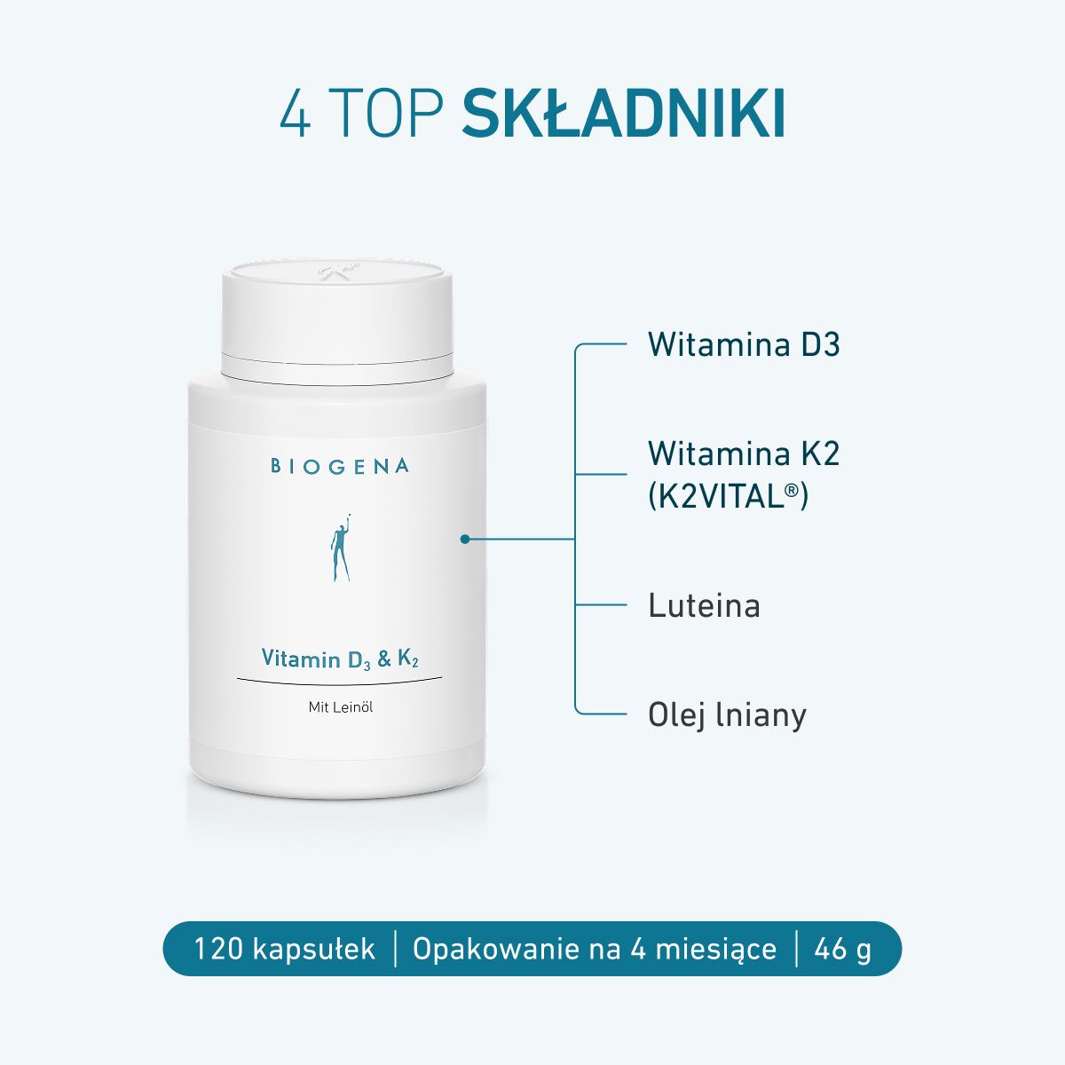 Biogena, Vitamin D₃ & K₂, Butelka, biały, Z olejem lnianym