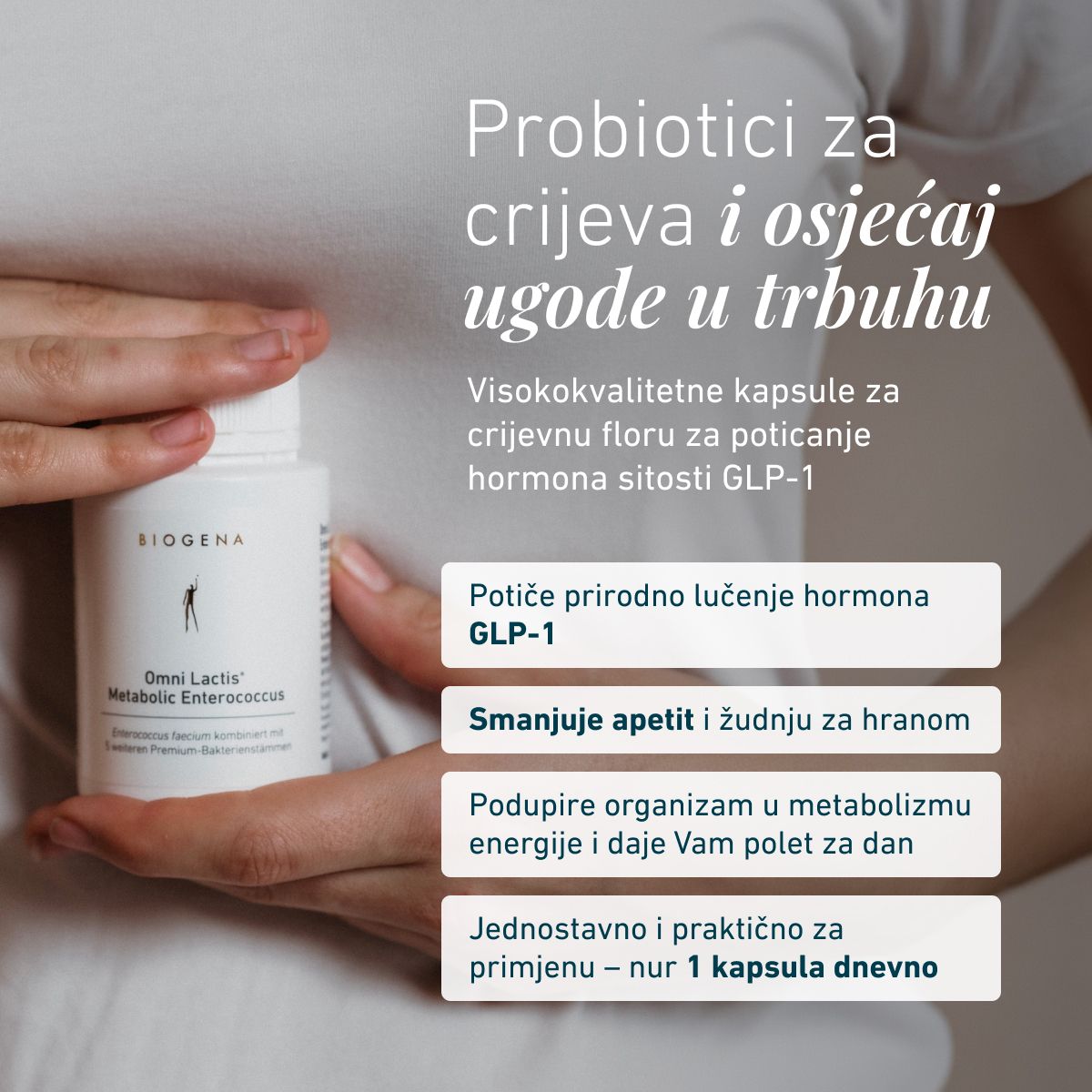 Biogena, Omni Lactis® Metabolic Enterococcus, Boca, bijela, Enterococcus faecium kombiniran s 5 dodatnih premium bakterijskih sojeva