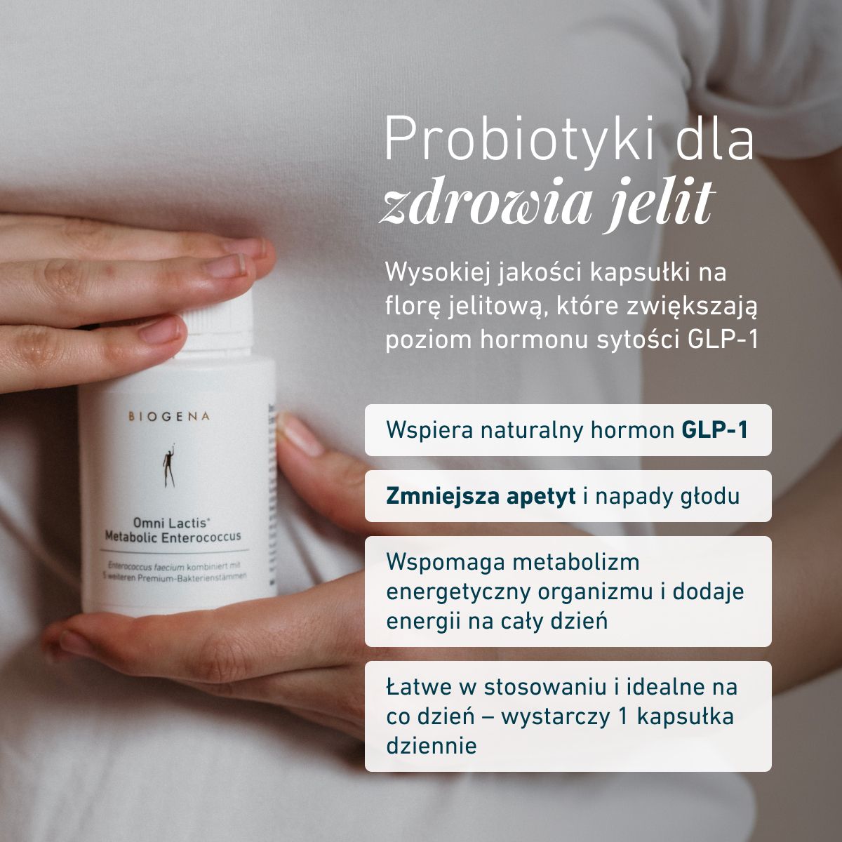 Biogena, Omni Lactis® Metabolic Enterococcus, Butelka, biały, Enterococcus faecium połączony z 5 kolejnymi szczepami bakterii premium