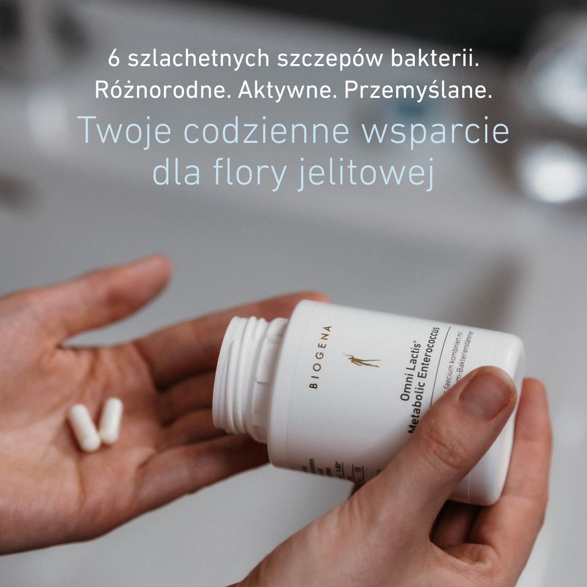 Biogena, Omni Lactis® Metabolic Enterococcus, Butelka, biały, Enterococcus faecium połączony z 5 kolejnymi szczepami bakterii premium