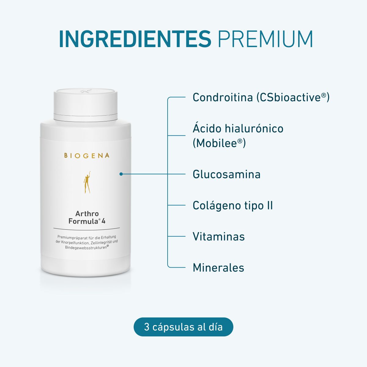 Biogena, Arthro Formula® 4, Botella, blanco, Preparado prémium para el mantenimiento de la función del cartílago, la integridad celular y las estructuras del tejido conjuntivo®