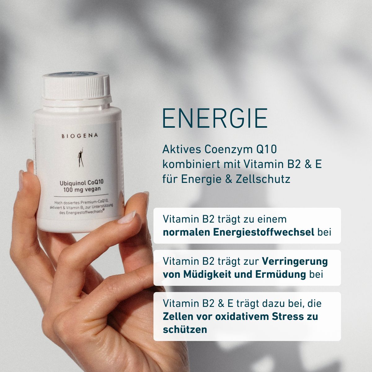 Biogena, Ubiquinol CoQ10 100 mg vegan, Flasche, weiß, Hoch dosiertes Premium-CoQ10, aktiviert & Vitamin B₂ zur Unterstützung des Energiestoffwechsels®