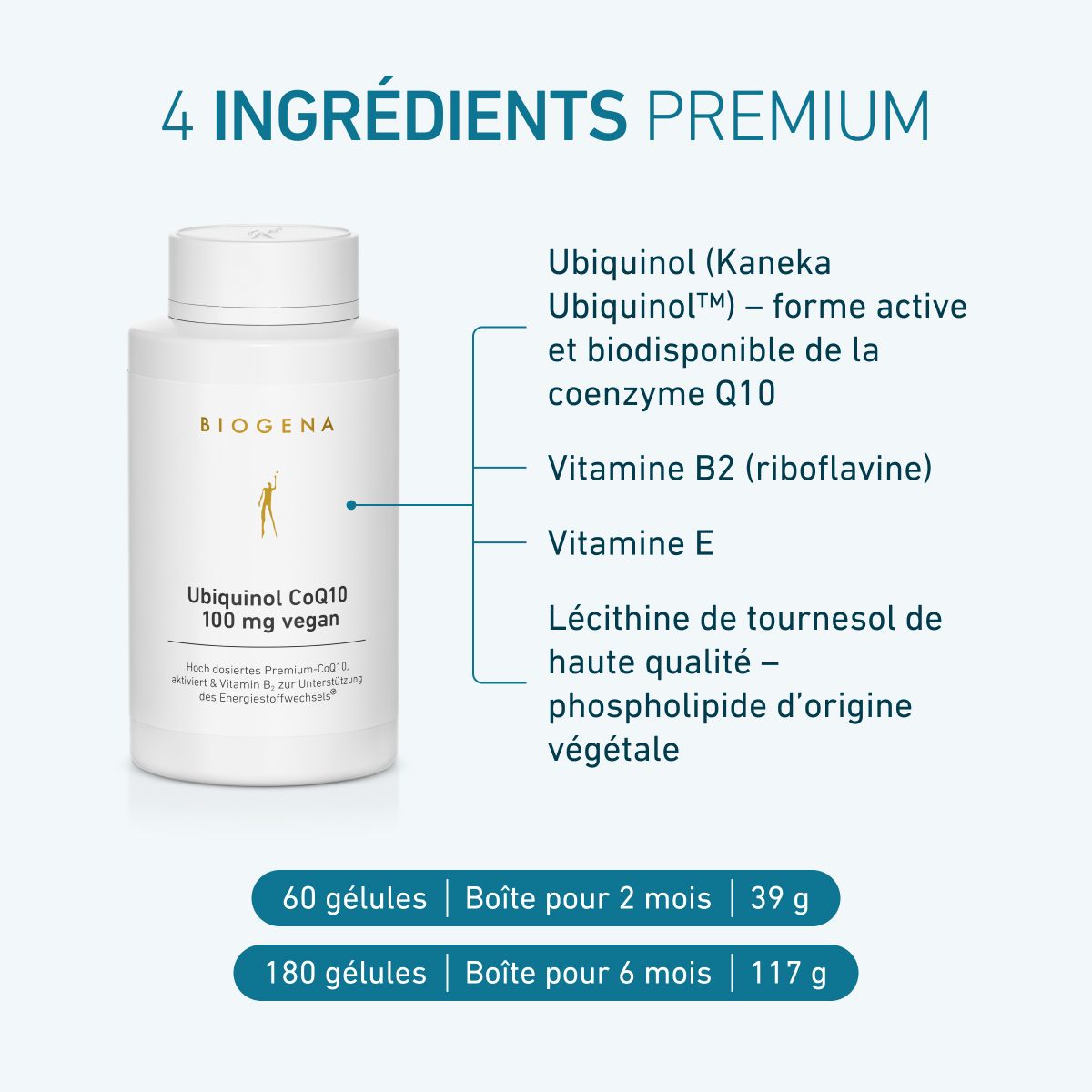 Biogena, Ubiquinol CoQ10 100 mg vegan, Bouteille, blanc, CoQ10 premium fortement dosé, activé et vitamine B2 pour soutenir le métabolisme énergétique®