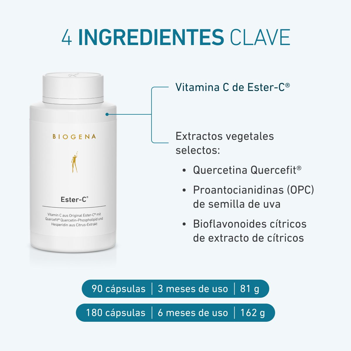 Biogena, Ester-C®, Botella, blanco, Vitamina C de Ester-C® original con Quercefit® fosfolípido de quercetina y hesperidina de extracto de cítricos