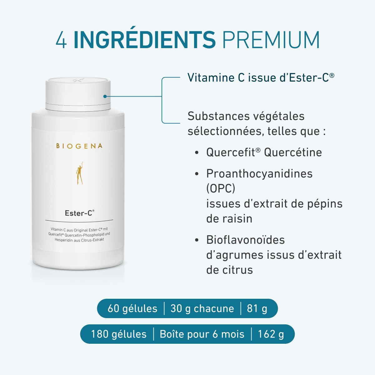 Biogena, Ester-C®, Bouteille, blanc, Vitamine C à partir d’Ester-C® original avec Quercefit® phospholipide de quercétine et hespéridine d’extrait d’agrumes