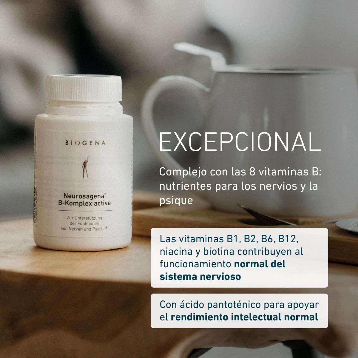 Biogena, Neurosagena® B-Komplex active, Botella, blanco, Para apoyar las funciones de los nervios y la psique®
