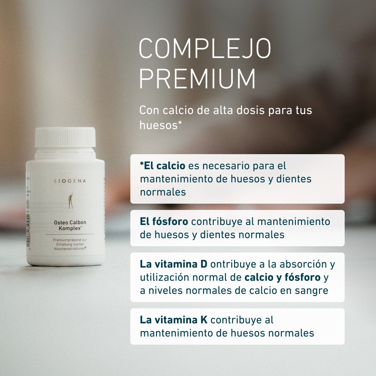 Biogena, Osteo Calbon Komplex®, Botella, blanco, Preparado premium para el mantenimiento de estructuras óseas fuertes®
