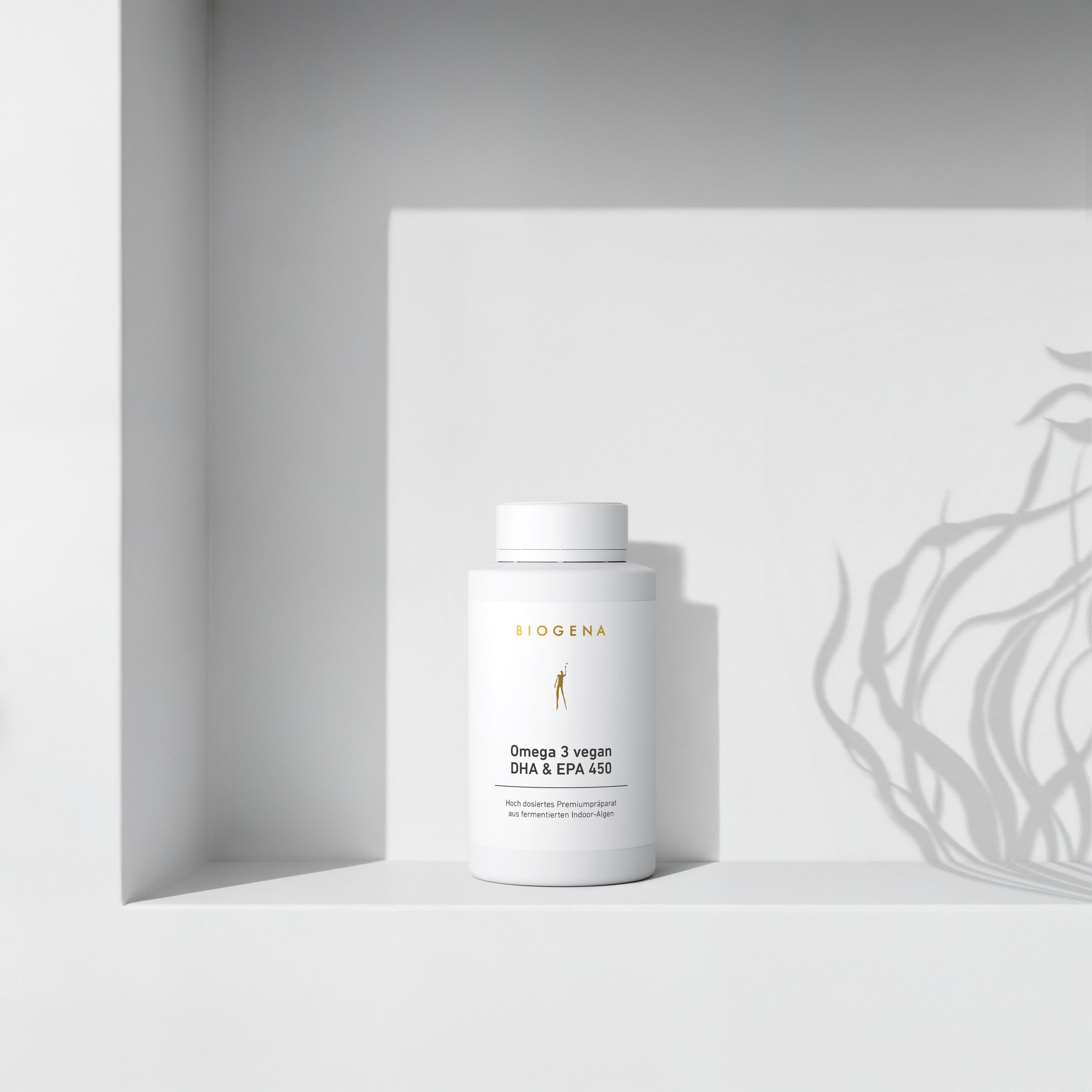 Biogena, Omega 3 vegan DHA & EPA 450, Flasche, weiß, Hoch dosiertes Premiumpräparat aus fermentierten Indoor-Algen