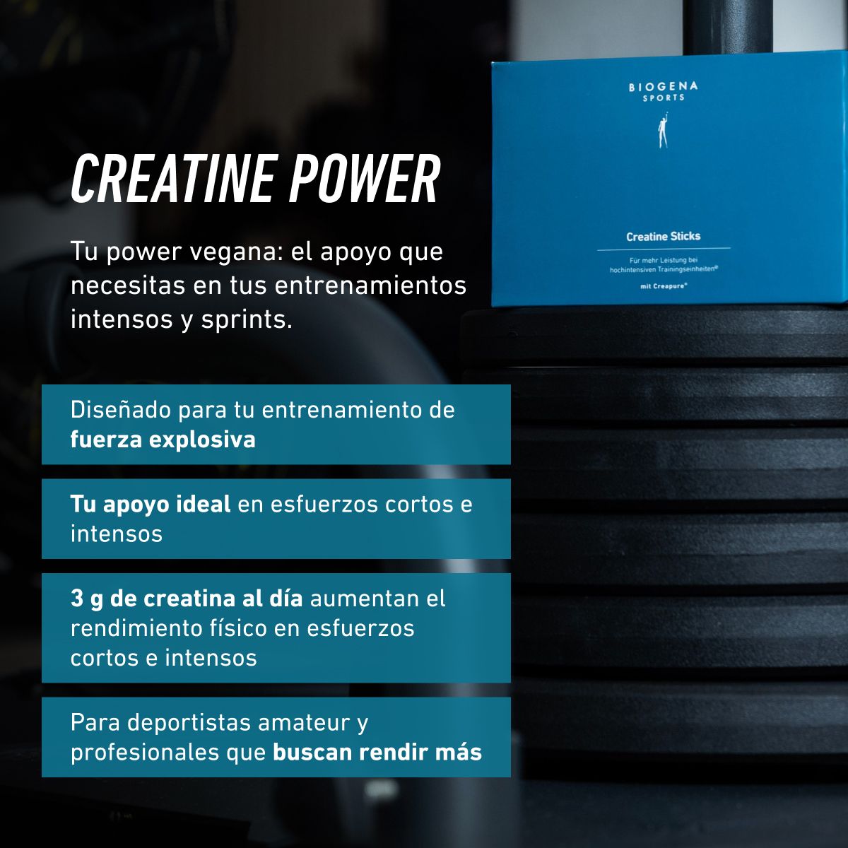 Biogena Sports, Creatine Sticks, Cartón, petrol, Para un mayor rendimiento en sesiones de entrenamiento de alta intensidad; con Creapure®