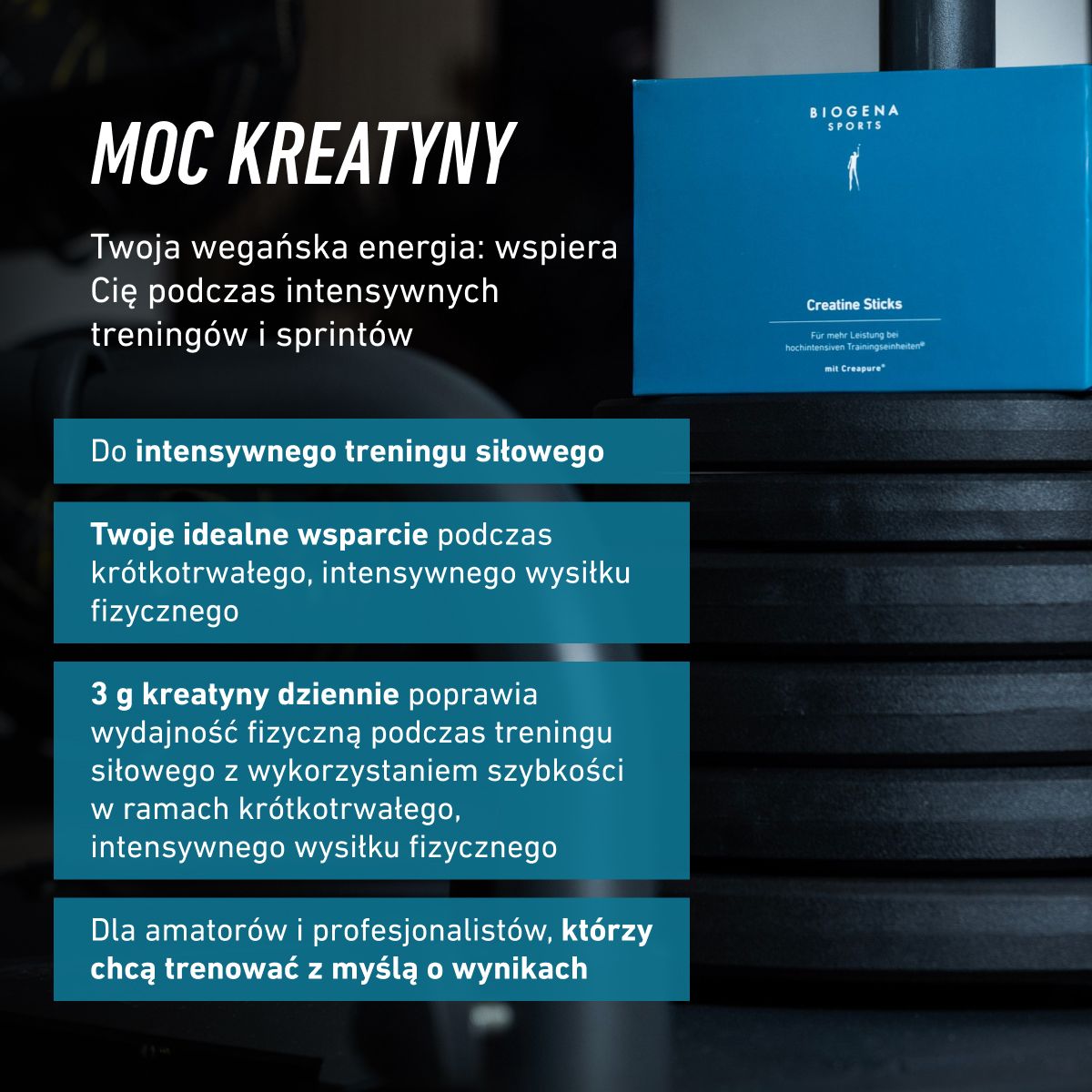 Biogena Sports, Creatine Sticks, Karton, petrol, Dla lepszej wydajności podczas treningów o wysokiej intensywności; z Creapure®
