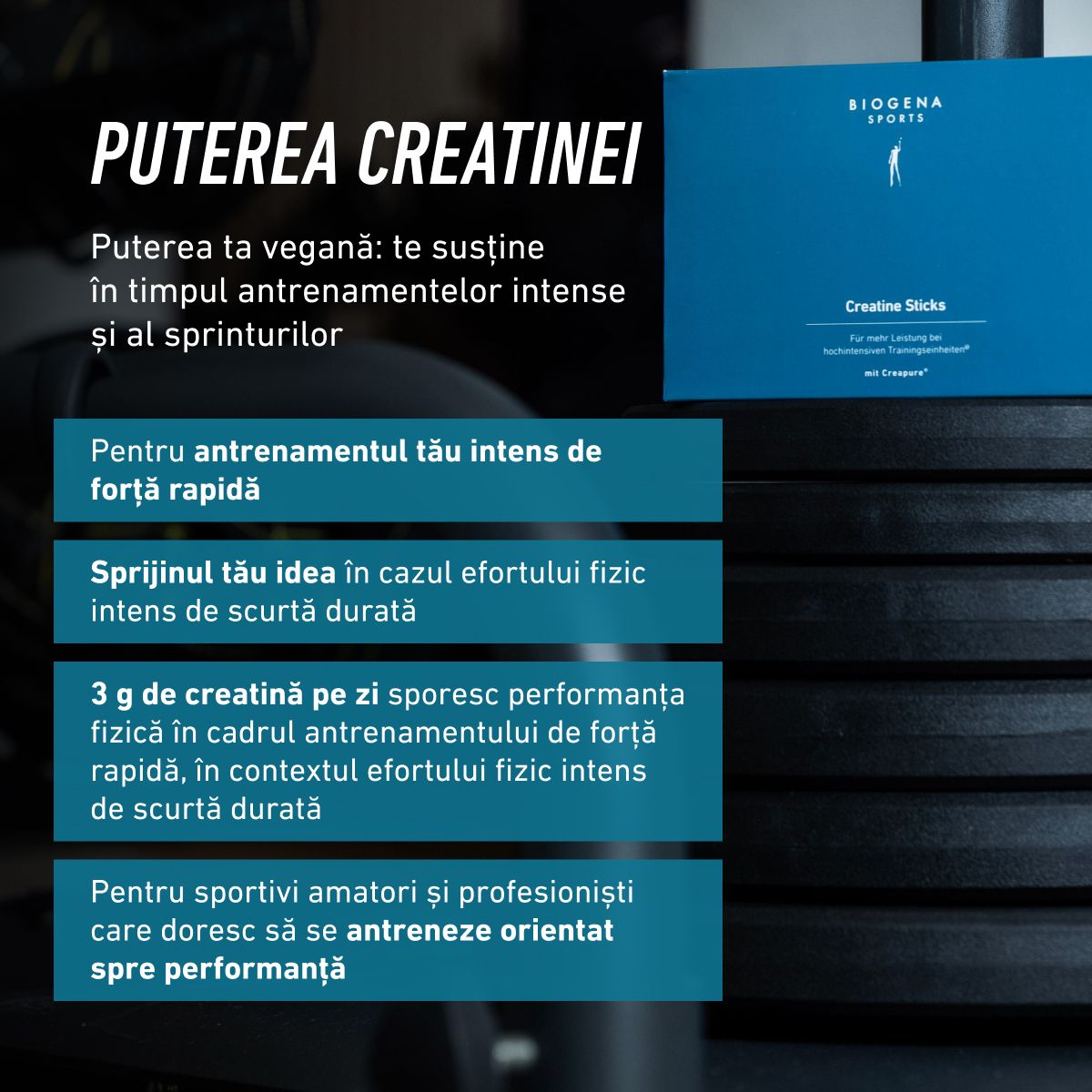 Biogena Sports, Creatine Sticks, Cutie, petrol, Pentru performanță mai bună în timpul antrenamentelor de intensitate ridicată; cu Creapure®