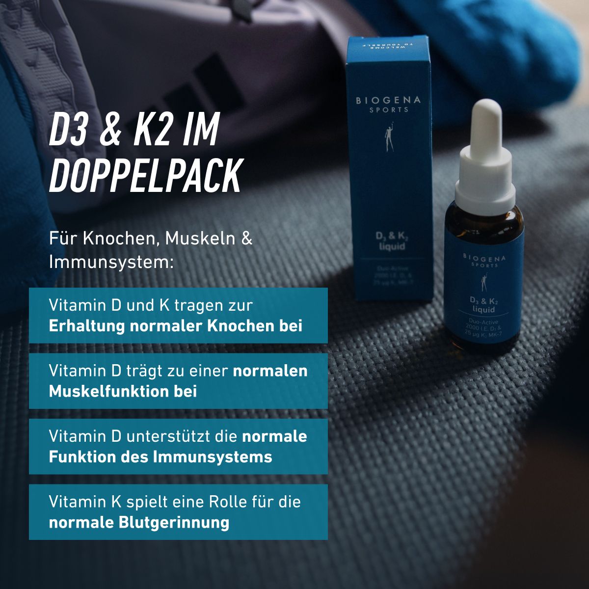 Biogena Sports, D3 & K2 liquid, Flasche, petrol, Duo-Active 2000 I.E. D3 & 25 µg K2 MK-7