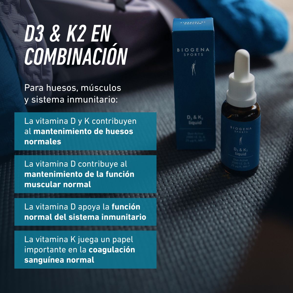 Biogena Sports, D3 & K2 liquid, Botella, petrol, Duo-Active 2000 UI D3 & 25 µg K2 MK-7