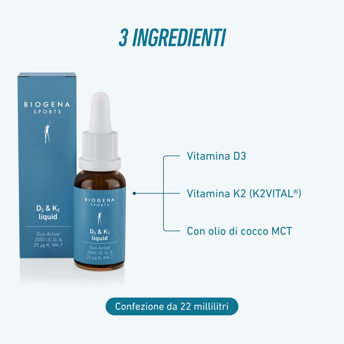 Biogena Sports, D3 & K2 liquid, Bottiglia, petrolio, Duo-Active 2000 UI D3 & 25 µg K2 MK-7