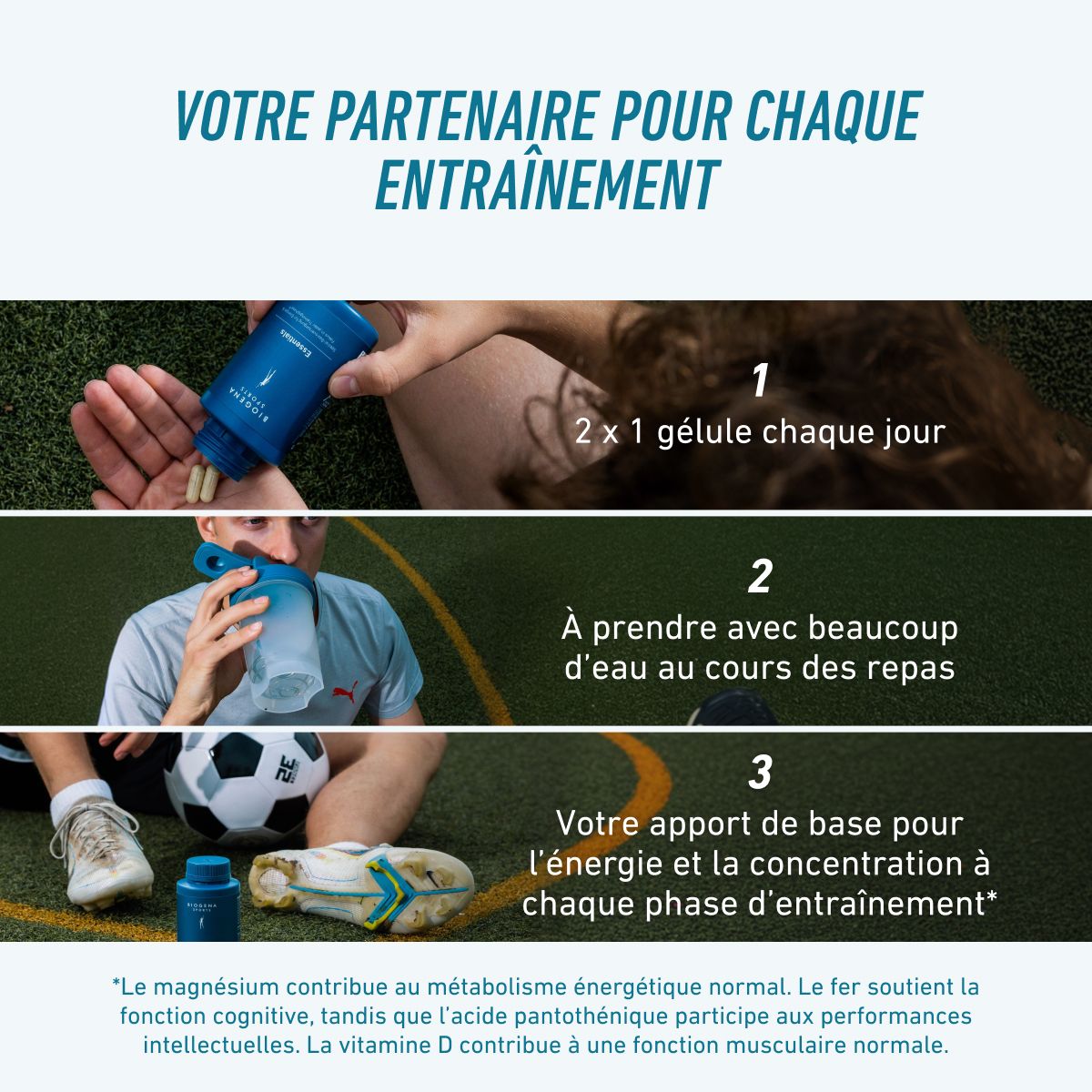 Biogena Sports, Essentials, Bouteille, pétrole, Apport de base spécial pour l’énergie & la concentration à chaque phase d’entraînement®