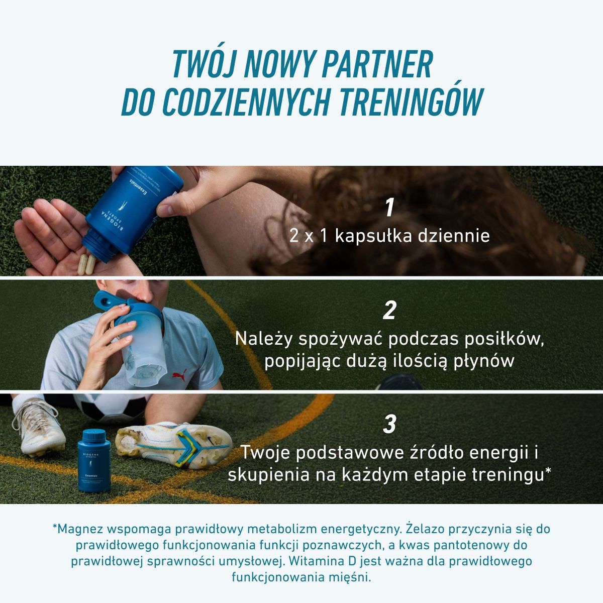 Biogena Sports, Essentials, Butelka, petrol, Specjalne podstawowe zaopatrzenie w energię i koncentrację w każdej fazie treningu®