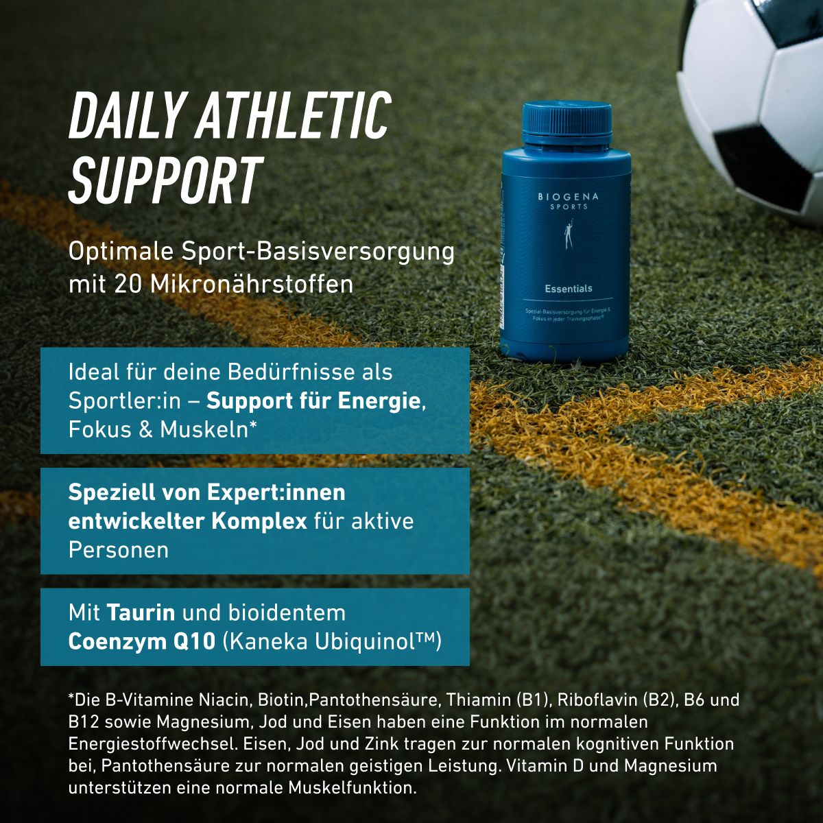 Biogena Sports, Essentials, Flasche, petrol, Spezial-Basisversorgung für Energie & Fokus in jeder Trainingsphase®