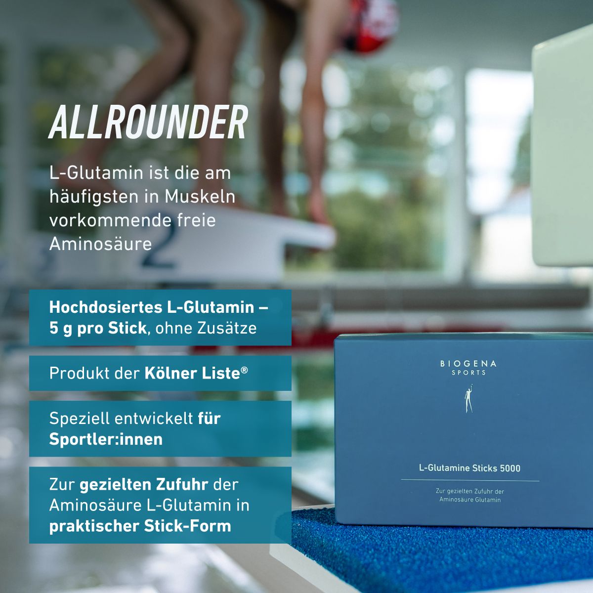 Biogena Sports, L-Glutamine Sticks 5000, Sachet, petrol, Zur gezielten Zufuhr der Aminosäure Glutamin
