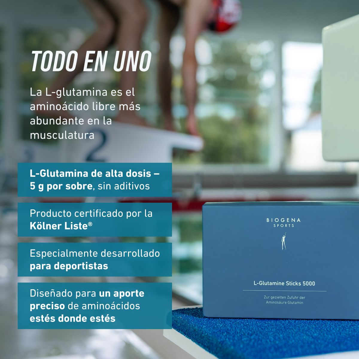 Biogena Sports, L-Glutamine Sticks 5000, Sobre, petrol, Para la ingesta dirigida del aminoácido glutamina