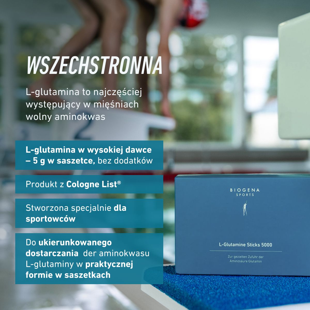 Biogena Sports, L-Glutamine Sticks 5000, Saszetka, petrol, Do ukierunkowanego spożycia aminokwasu glutaminy