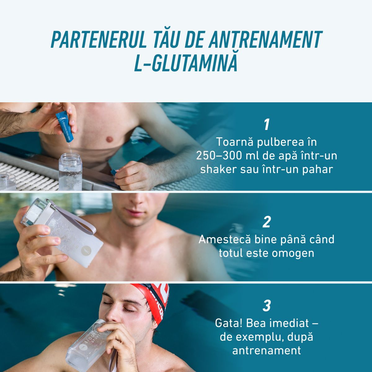 Biogena Sports, L-Glutamine Sticks 5000, Plic, petrol, Pentru aportul țintit al aminoacidului glutamină
