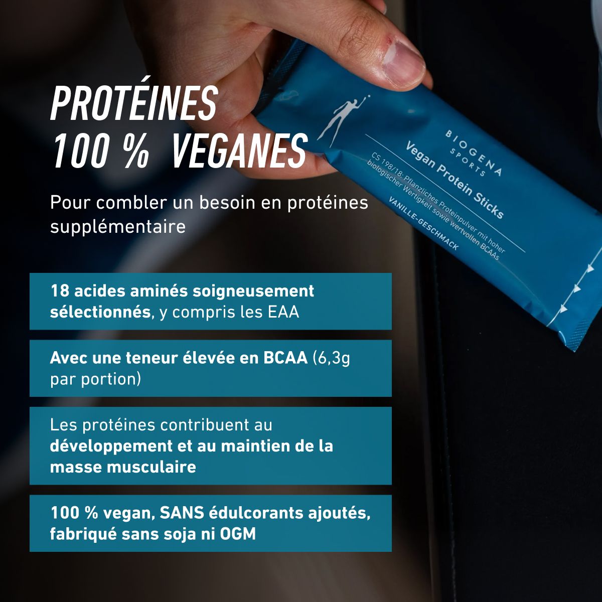 Biogena Sports, Vegan Protein Sticks, Carton, pétrole, CS 198/18: Poudre de protéines végétales à haute valeur biologique ainsi que de précieux BCAA