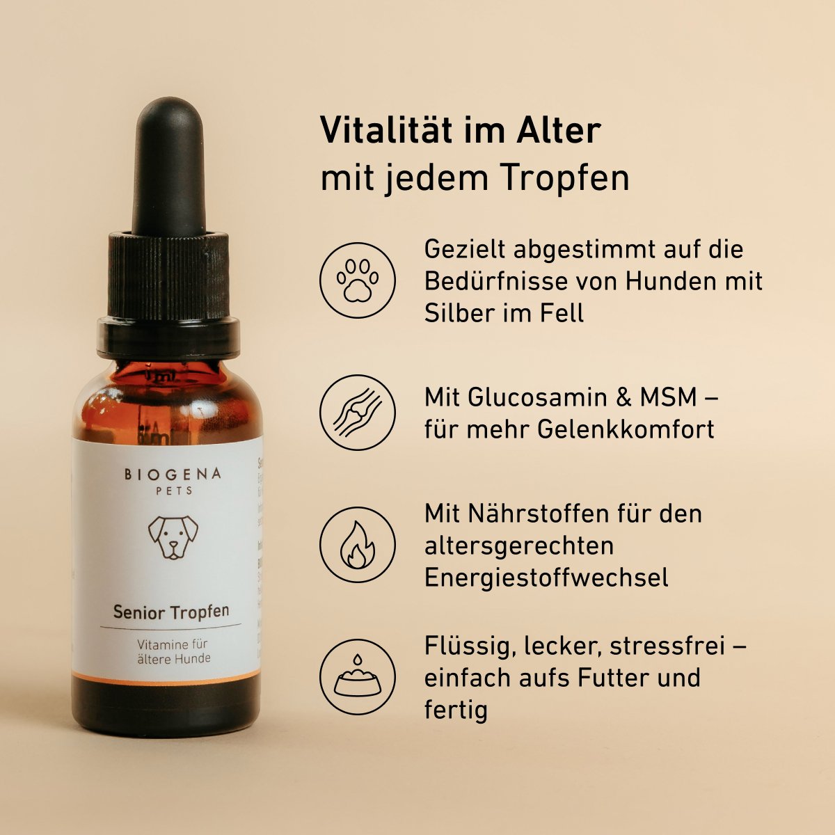BIOGENA PETS Senior Tropfen Tropfflasche, Text und Symbole, beiger Hintergrund
