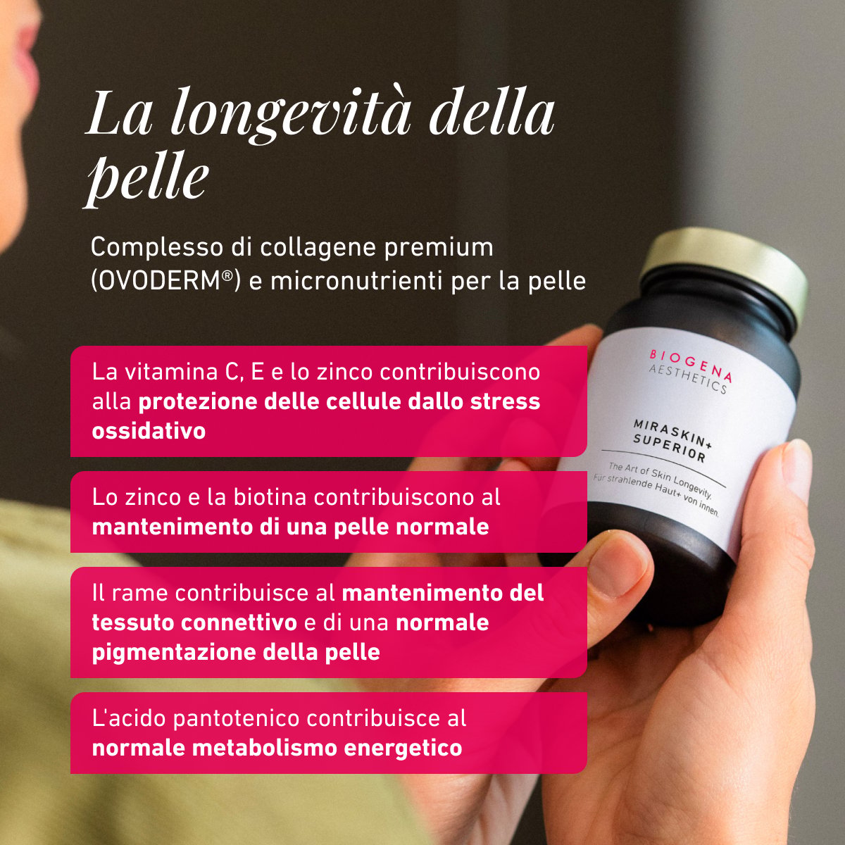 MIRASKIN+ SUPERIOR, flacone; mano che tiene il prodotto, persona sullo sfondo, testo italiano, riquadri di testo rosa