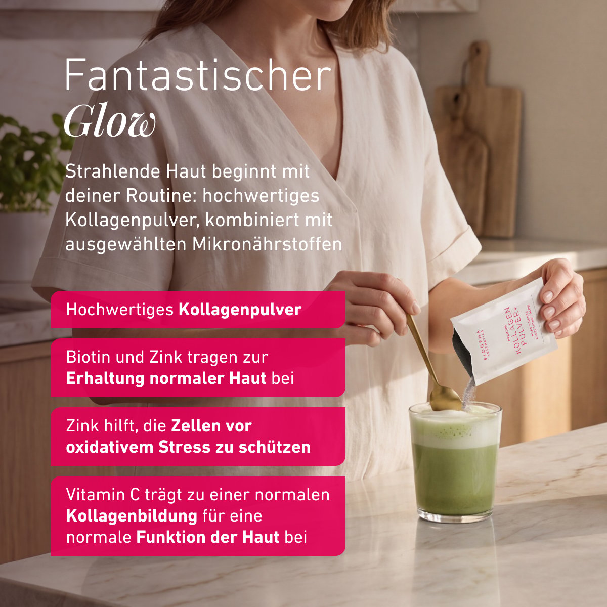 Persona che versa BIOGENA AESTHETICS Premium Collagen Powder+ in una bevanda. Collagene di alta qualità con biotina, zinco e vitamina C, che contribuiscono al mantenimento di una pelle normale e alla formazione del colla