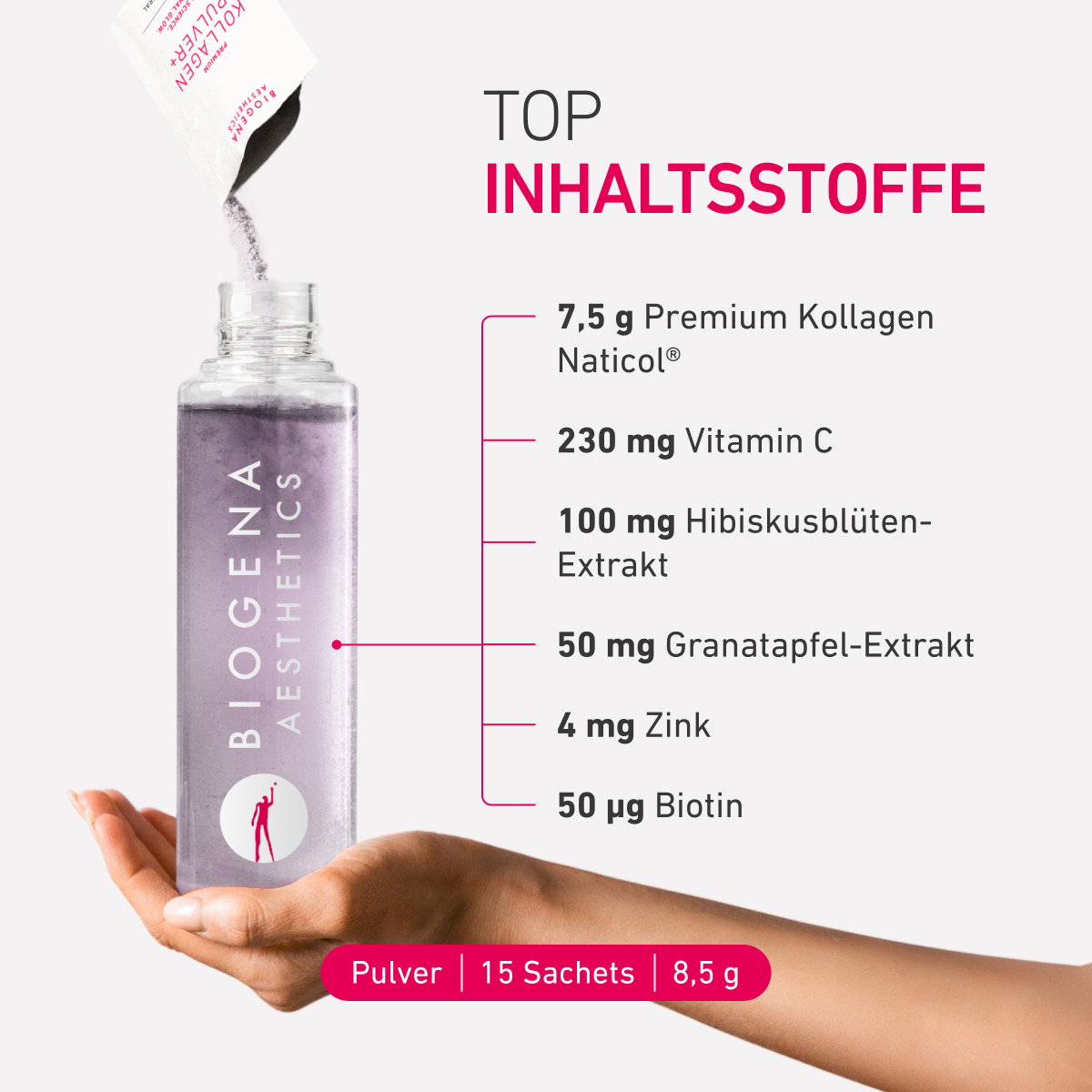 BIOGENA AESTHETICS Premium Collagen Powder+ versato in una borraccia. Contiene 7,5 g di collagene Naticol®, vitamina C, estratti di ibisco e melograno, zinco e biotina. Confezione da 15 bustine.