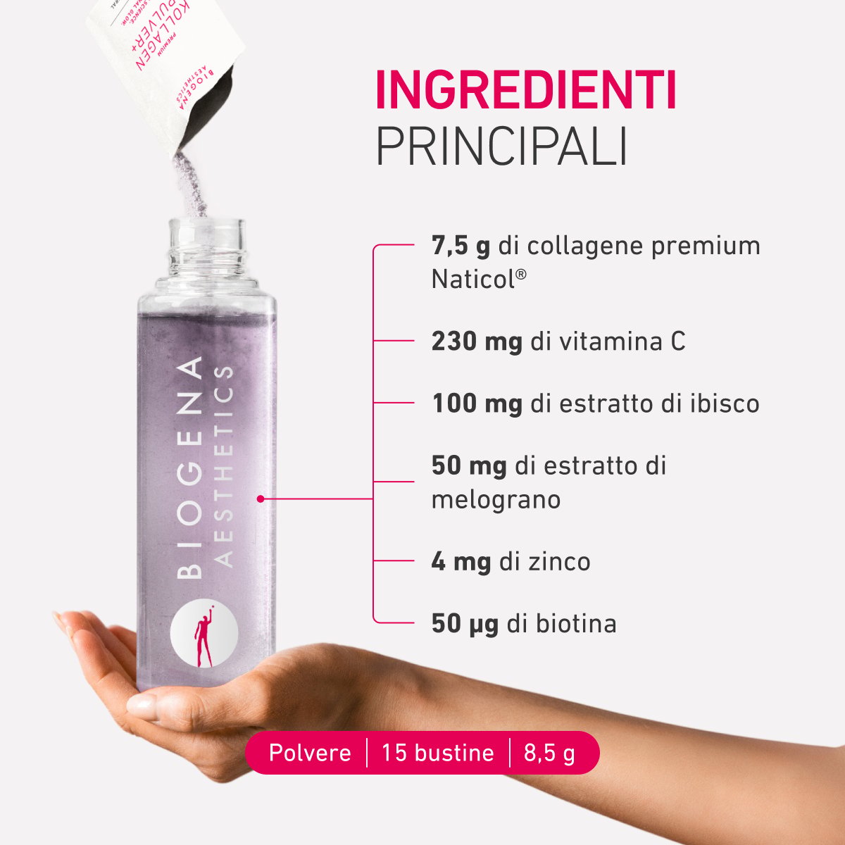 BIOGENA AESTHETICS Premium Collagen Powder+ versato in una borraccia. Contiene 7,5 g di collagene Naticol®, vitamina C, estratti di ibisco e melograno, zinco e biotina. Confezione da 15 bustine.