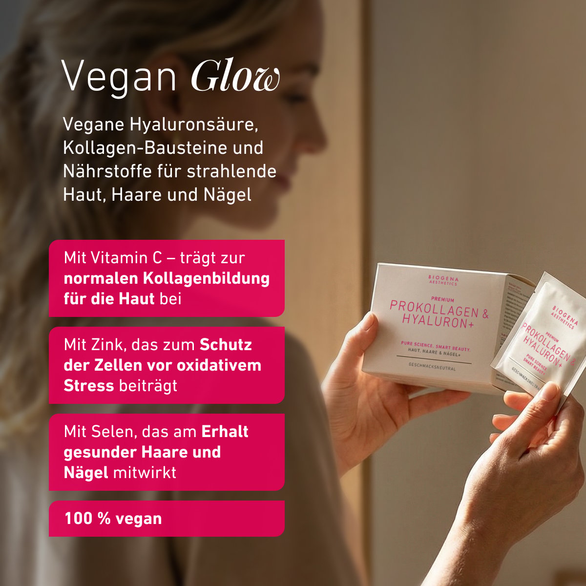 Grafika o pięknie od wewnątrz: opatentowane składniki, codzienna rutyna beauty wspierana od środka, wsparcie dla skóry, włosów i paznokci oraz austriacka ekspertyza naukowa opracowana przez BIOGENA.