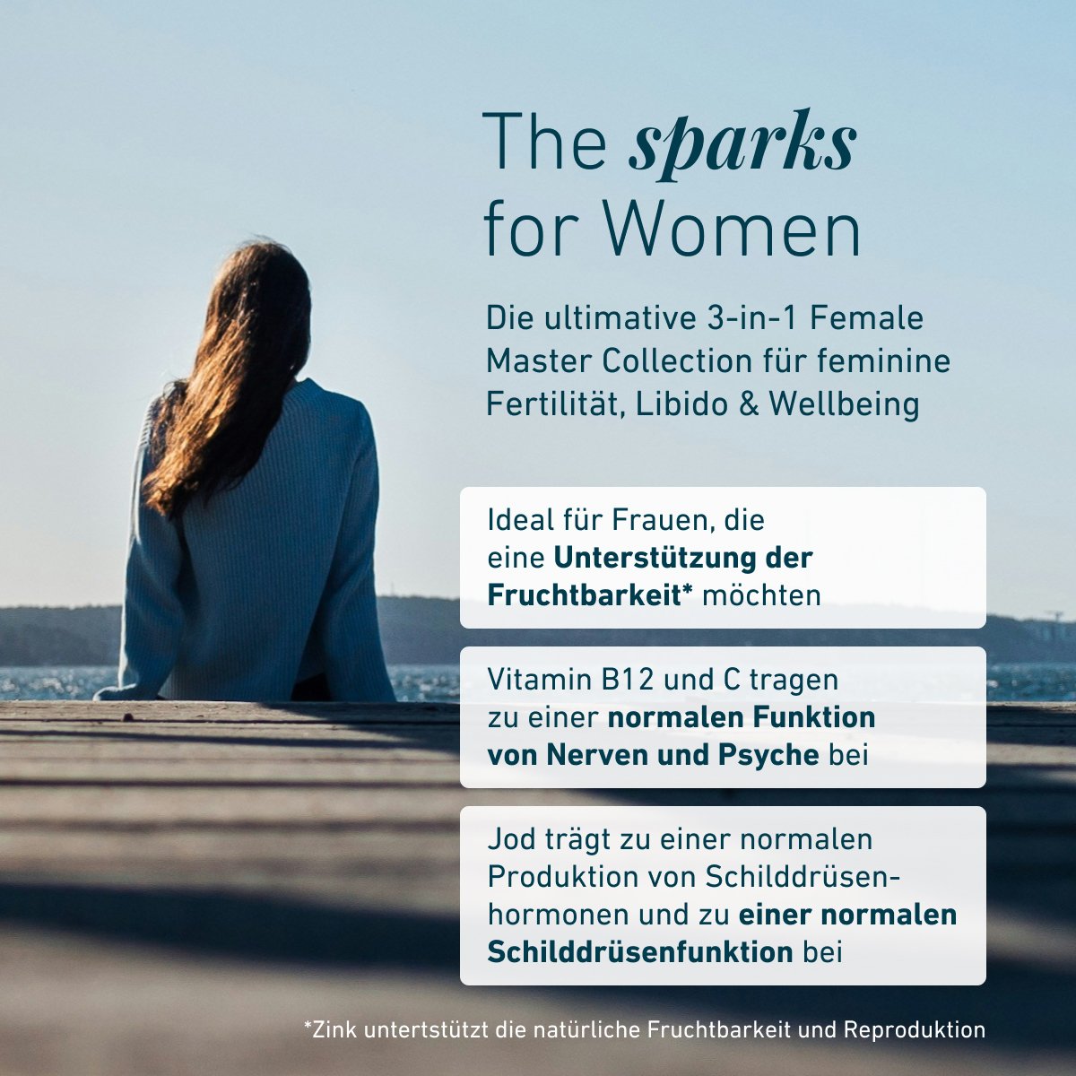 Biogena Juno: kobieta od tyłu, wspiera płodność kobiet, układ nerwowy i psychikę, prawidłową funkcję tarczycy dzięki witaminom B12, C, jodowi i selenowi.