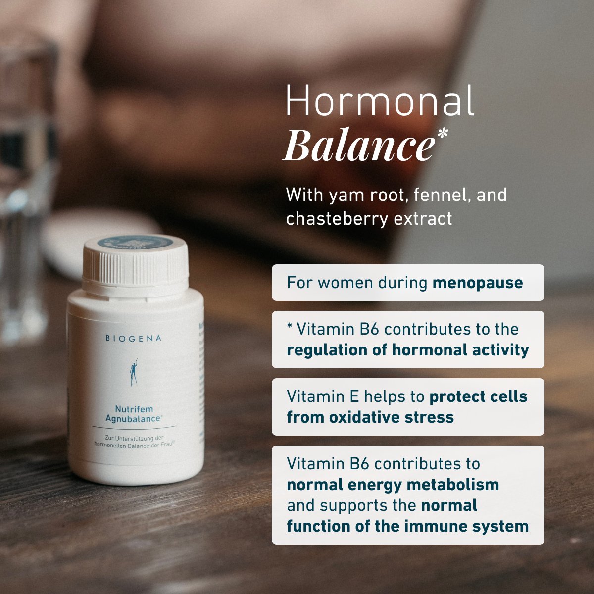 Bottle of Nutrifem Agnubalance on a table. Text highlights hormonal balance support for women during menopause: contains Vitamin B6, Vitamin E for antioxidant protection, and supports normal energy metabolism and immune 