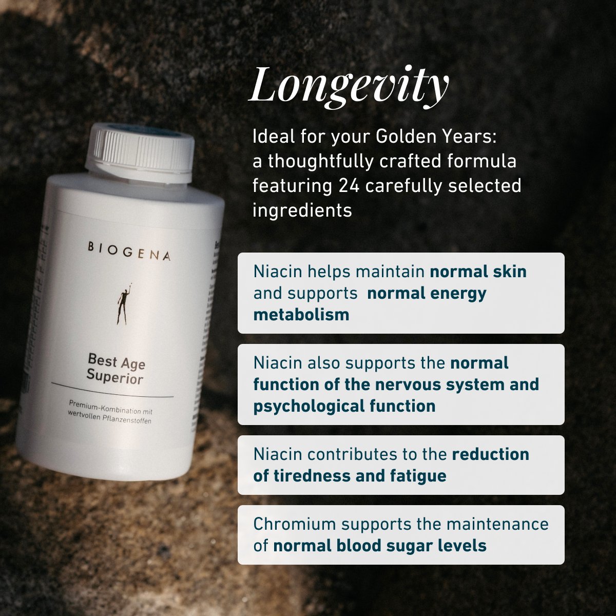 Hand holding Biogena Best Age Superior capsules. Text explains Niacin supports skin, energy metabolism, nervous system & psyche, reduces fatigue, Chromium supports normal blood sugar levels.