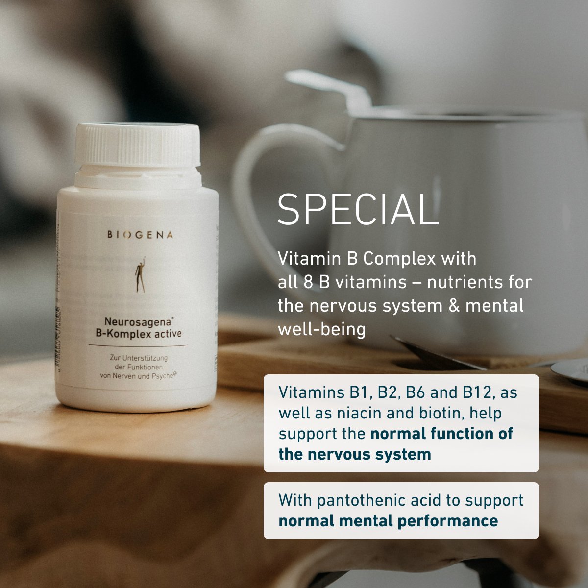 Biogena Neurosagena® B-Complex Active – contains all 8 B vitamins to support nerves and mental health, including pantothenic acid for normal cognitive performance.
