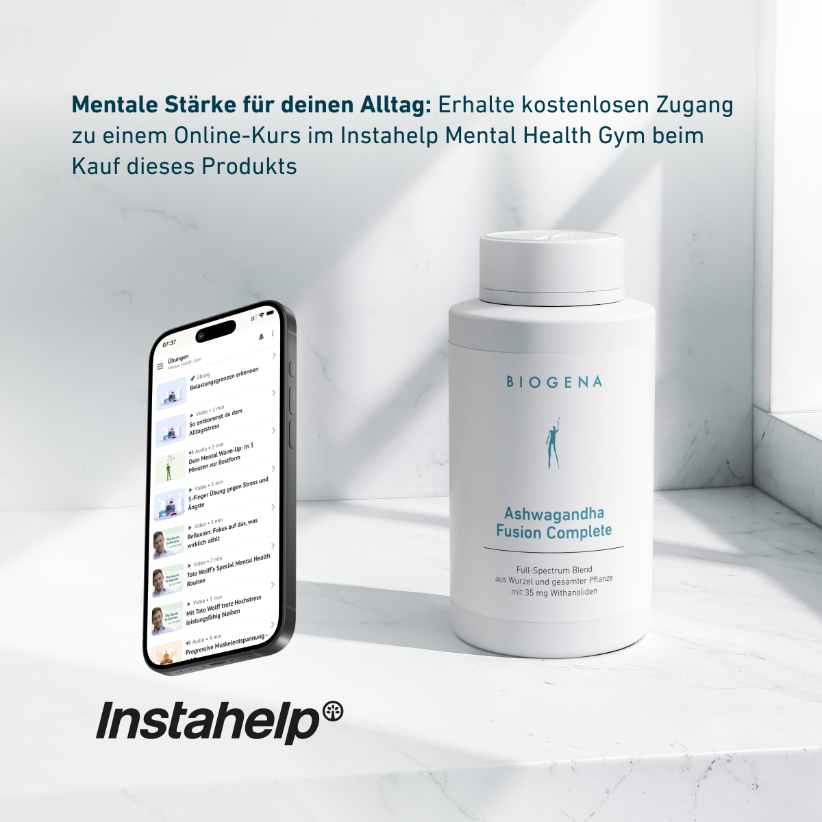 BIOGENA Ashwagandha Fusion Complete neben Smartphone mit Instahelp Mental Health Gym App. Hinweis auf kostenlosen Online-Kurs beim Kauf des Produkts zur Unterstützung mentaler Stärke im Alltag.