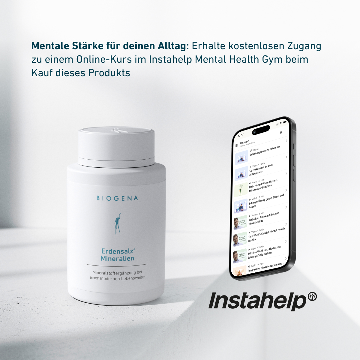 BIOGENA Erdensalz® Mineralien neben Smartphone mit Instahelp Mental Health Gym App. Hinweis auf kostenlosen Online-Kurs beim Kauf des Produkts zur Unterstützung mentaler Stärke im Alltag.