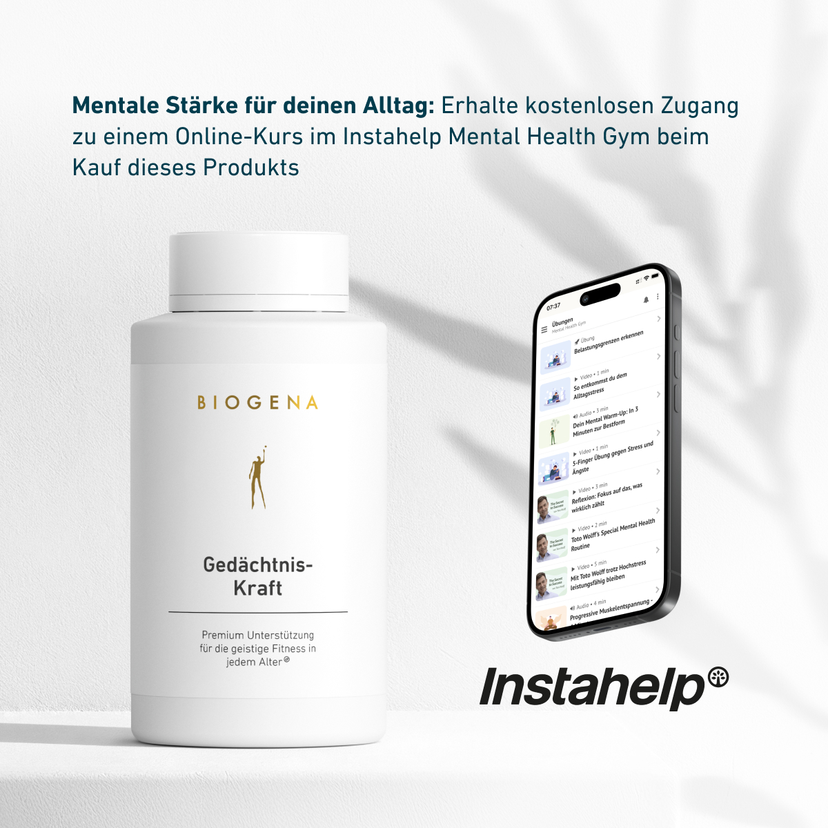 BIOGENA Gedächtnis-Kraft® neben Smartphone mit Instahelp Mental Health Gym App. Hinweis auf kostenlosen Online-Kurs beim Kauf des Produkts zur Unterstützung mentaler Stärke im Alltag.