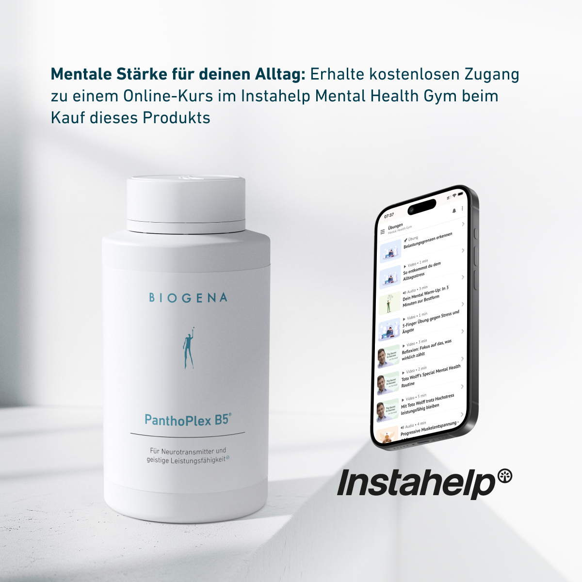 BIOGENA PanthoPlex B5® neben Smartphone mit Instahelp Mental Health Gym App. Hinweis auf kostenlosen Online-Kurs beim Kauf des Produkts zur Unterstützung mentaler Stärke im Alltag.