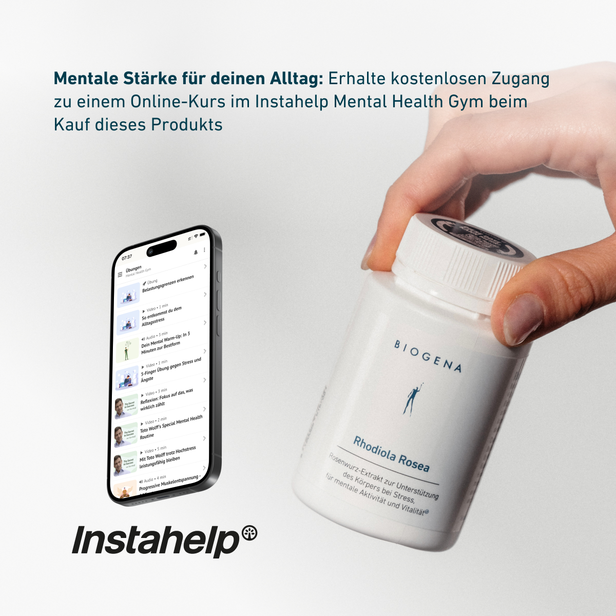 Grafika o czystości BIOGENA z informacjami o 20 latach doświadczenia, pracy ręcznej i technologii high-tech, wysokiej biodostępności oraz produkcji w Austrii.