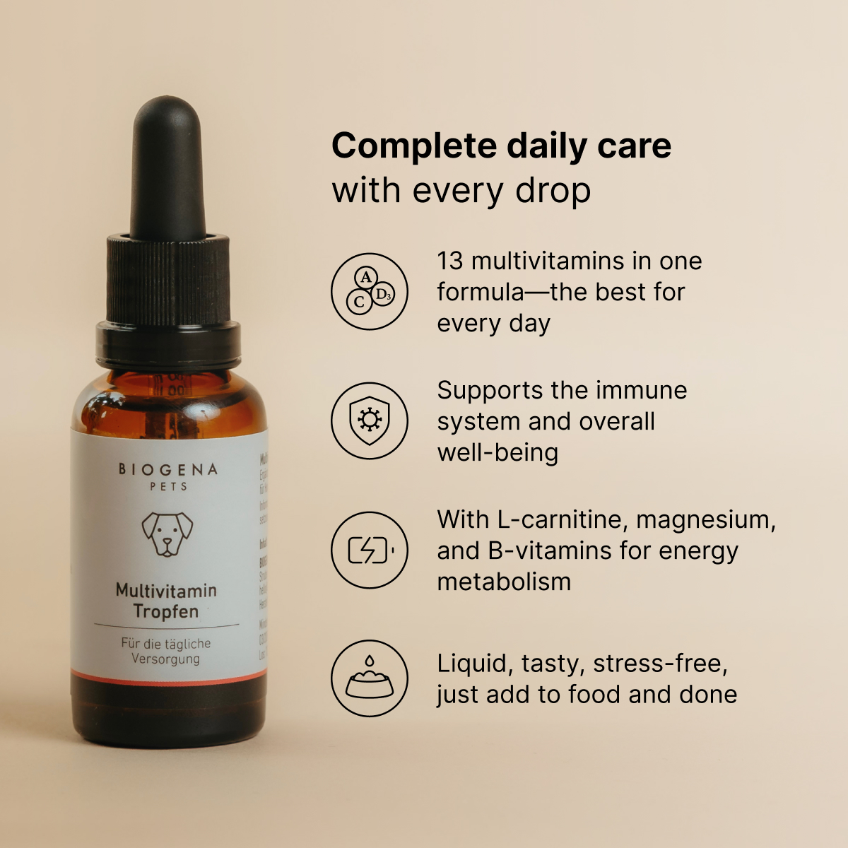 BIOGENA PETS Multivitamin Tropfen dropper bottle, beige background, text, icons