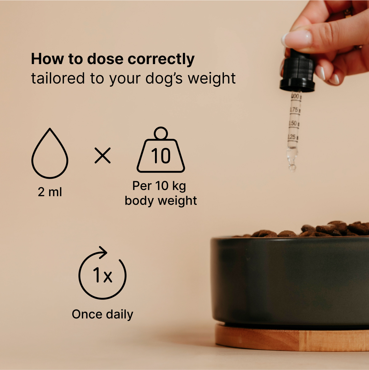 Text How to dose correctly, icons 2 ml, 10 kg, 1x, hand with dropper above food bowl
