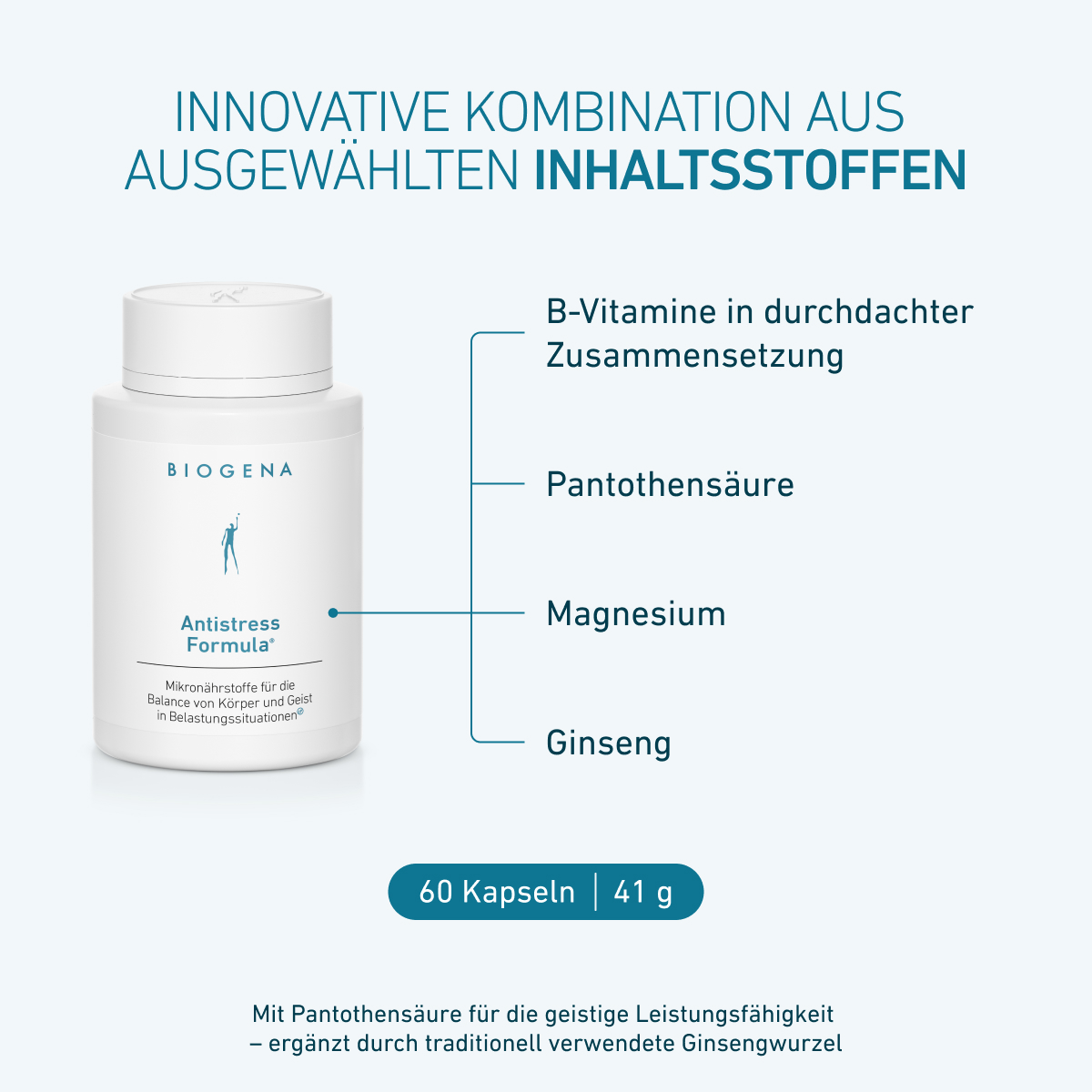 Biogena Antistress Formula® w białej butelce, pokazuje składniki: witaminy B, kwas pantotenowy, magnez i żeń-szeń wspierające układ nerwowy, zdrowie psychiczne i funkcje poznawcze, 60 kapsułek, 41 g.