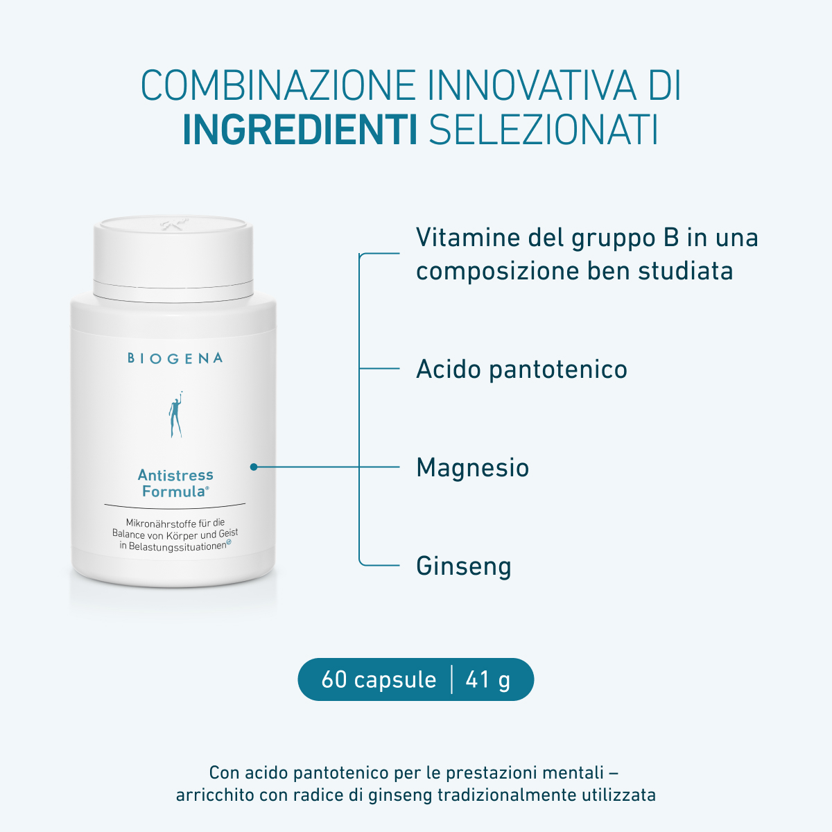 Biogena Antistress Formula® w białej butelce, pokazuje składniki: witaminy B, kwas pantotenowy, magnez i żeń-szeń wspierające układ nerwowy, zdrowie psychiczne i funkcje poznawcze, 60 kapsułek, 41 g.