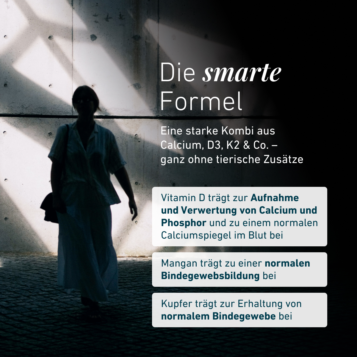 Osoba w cieniu przed betonową ścianą, z informacjami o BIOGENA Osteo Caldebor Vegan i inteligentnej formule z wapniem, witaminą D3, K2, manganem i miedzią.