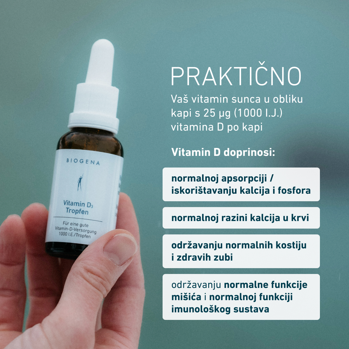Krople witaminy D3 BIOGENA trzymane w dłoni, z informacjami o 25 µg witaminy D w kropli oraz wsparciu kości, zębów, mięśni i układu odpornościowego.